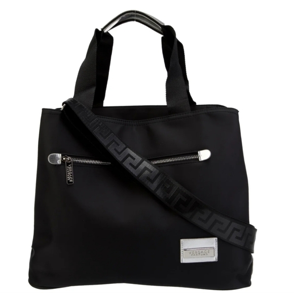 Versace Zip Tote Shopper Shoulder Crossbody Bag Greca Key Logo Black/Silver NWOT - Picture 1 of 16